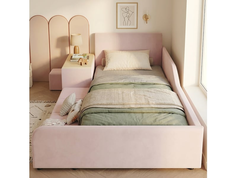  Lit enfant, 90x200 cm, lattes, tablette de rangement, tabouret, avec bureau, matelas non inclus, bois, coloris rose  - Conforama D