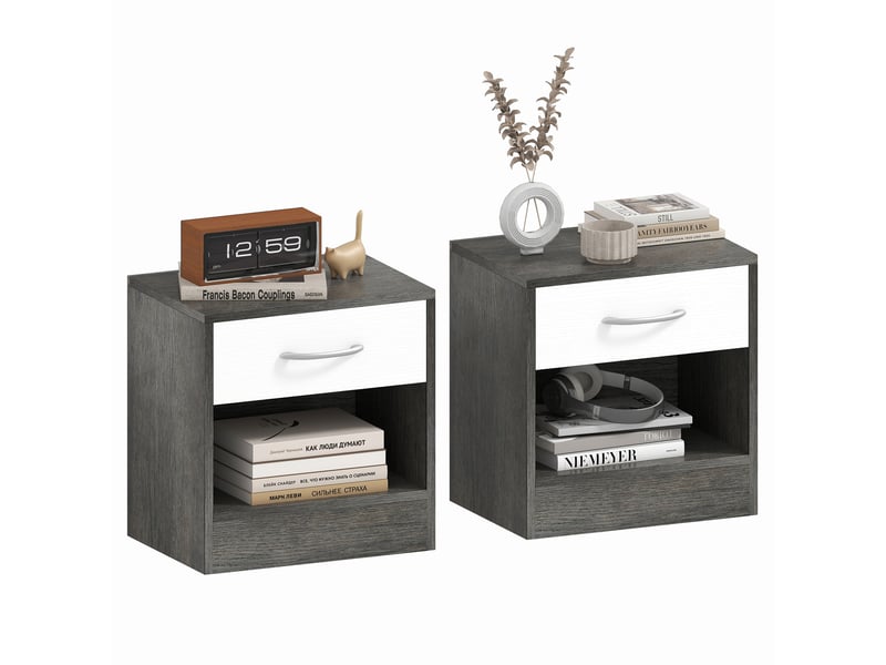  Ensemble de 2 tables de chevet modernes avec étagère ouverte et tiroir, en bois, 39 x 28 x 41 cm, blanc et gris foncé.  - Conforama A