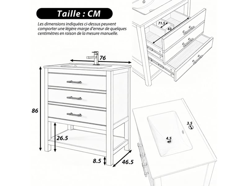  Meuble vasque blanc 76 cm avec lavabo en céramique, 2 tiroirs, niche ouverte et poignées dorées  - Conforama C