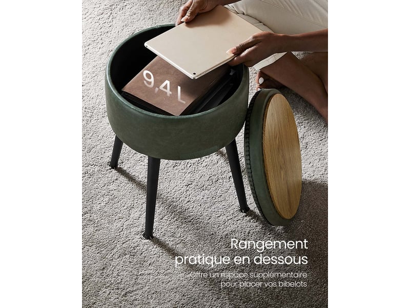  Pouf de rangement tabouret de coiffeuse pu avec coutures moderne mi-siècle tabouret de rangement rond avec pieds en acier capacité 150 kg vert 12_0005358  - Conforama D
