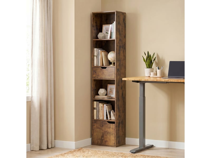  Bibliothèque à 6 niveaux, réglable sur 3 niveaux, avec tiroir, porte d'armoire, étagère personnalisable, étagère d'exposition, marron  - Conforama D