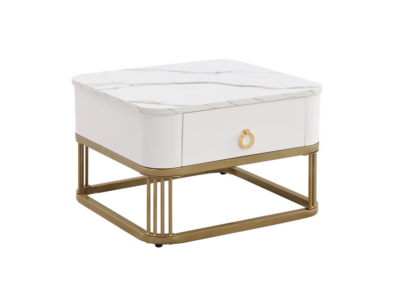  Table basse empilable : aspect marbre brillant, détails dorés, table d’appoint avec tiroirs. Ensemble de deux pièces.  - Conforama E
