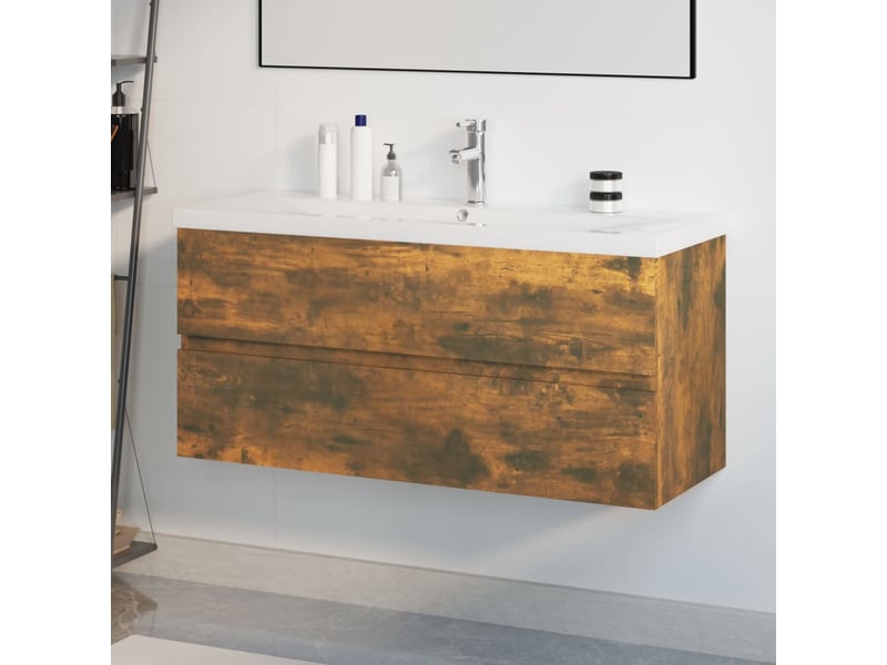 Meuble lavabo avec bassin intégré, armoire de salle de bain chêne fumé bois d'ingénierie cf65566 - Conforama B
