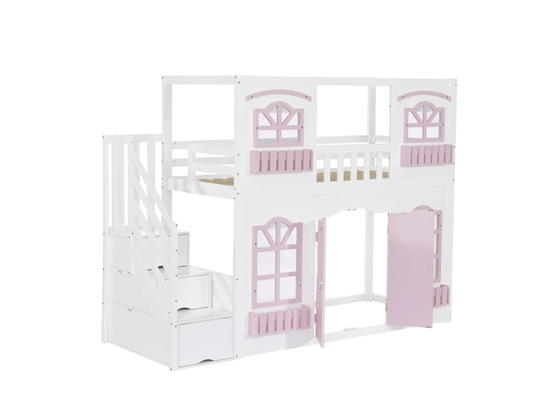 Lit mezzanine enfant 90x200 cm blanc et rose bois, escalier de rangement avec fenêtres acrylique - Conforama D