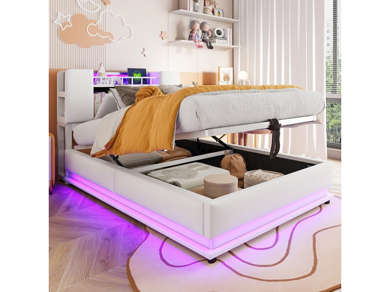  Lit coffre enfant 90x200 cm avec led et prise usb, grand rangement intégré et ouverture hydraulique, tissu velours, beige, sans matelas  - Conforama D
