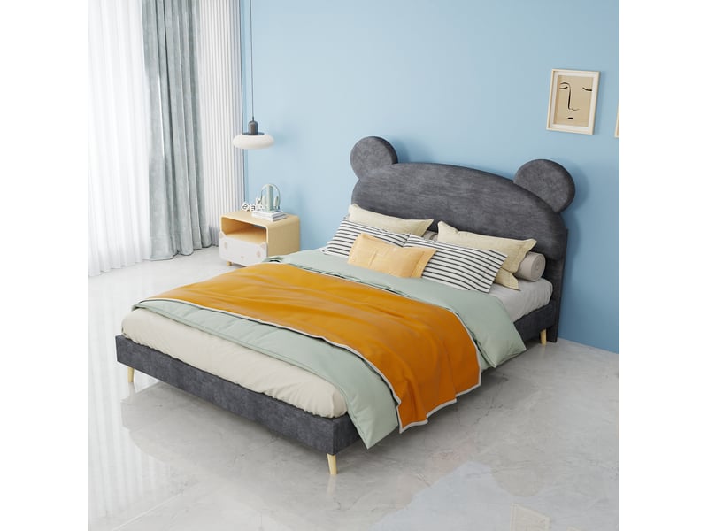  Lit enfant 140 × 200 cm 2 places avec tête de lit ours, sans matelas, en tissu et métal, gris  - Conforama B