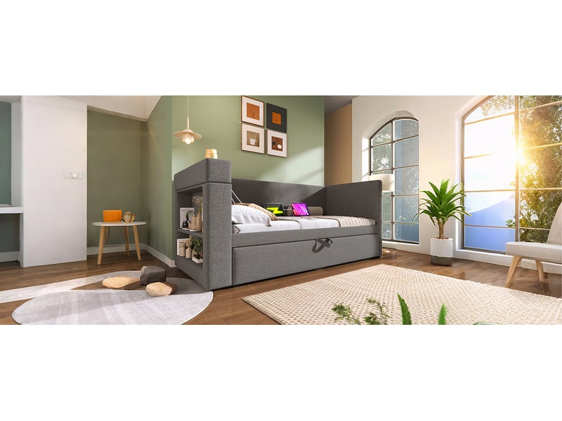 Lit banquette 90x190 cm, canapé-lit gris en lin et coton, lit gigogne avec ports usb et porte-gobelets pour chambre d'amis et salon. - Conforama D