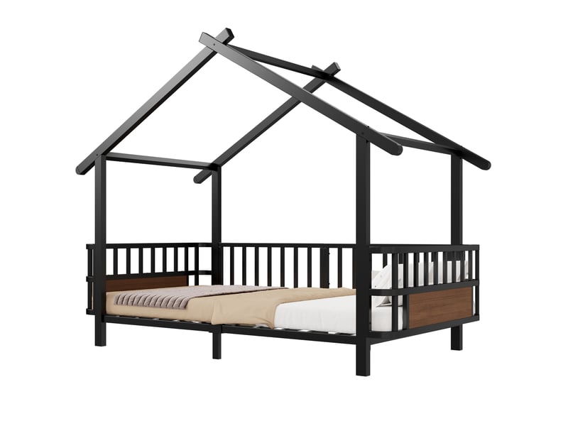  Lit simple 90x200 cm, lit enfant, barrière antichute, forme maison, métal noir  - Conforama W