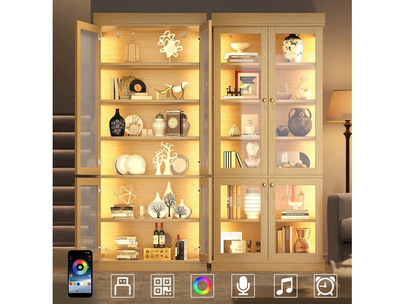  Vitrine avec 2 portes vitrées, étagères réglables et éclairage led pour salon en mdf bois naturel 80 × 40 × 180 cm  - Conforama B