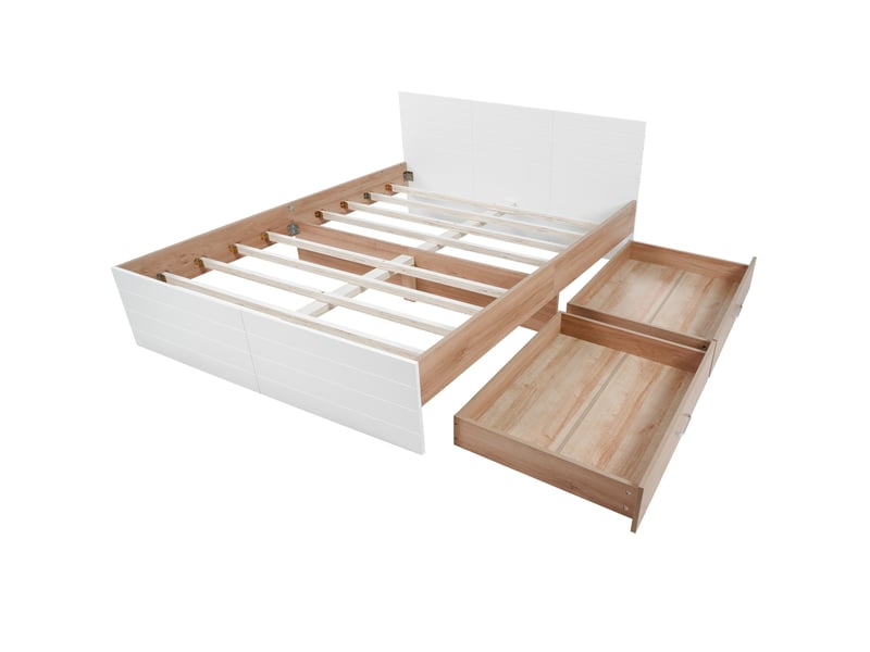  Lit double 160x200 cm blanc et chêne clair, bois et mdf, avec 2 tiroirs de rangement et sommier à lattes  - Conforama D