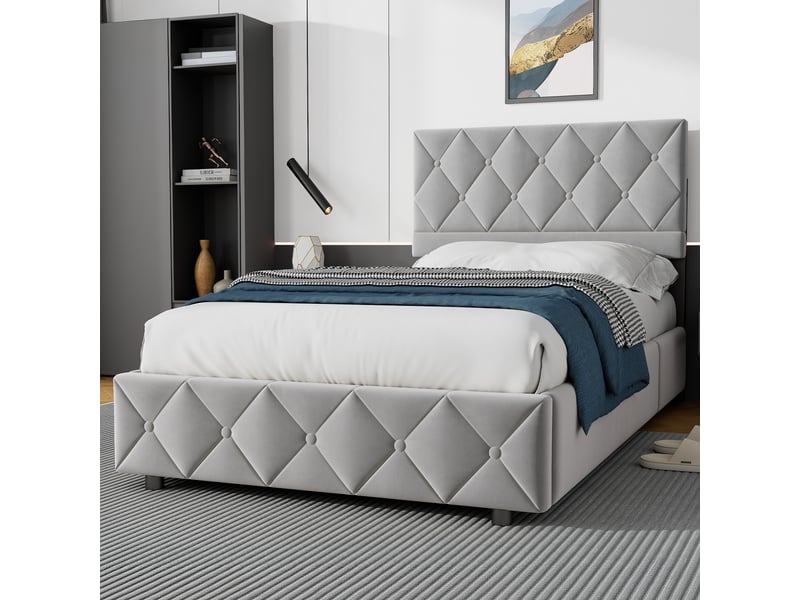 Lit coffre 90x190 cm - tête de lit capitonnée avec boutons - structure bois et métal avec sommier à lattes - revêtement velours hollandais gris clair  - Conforama B