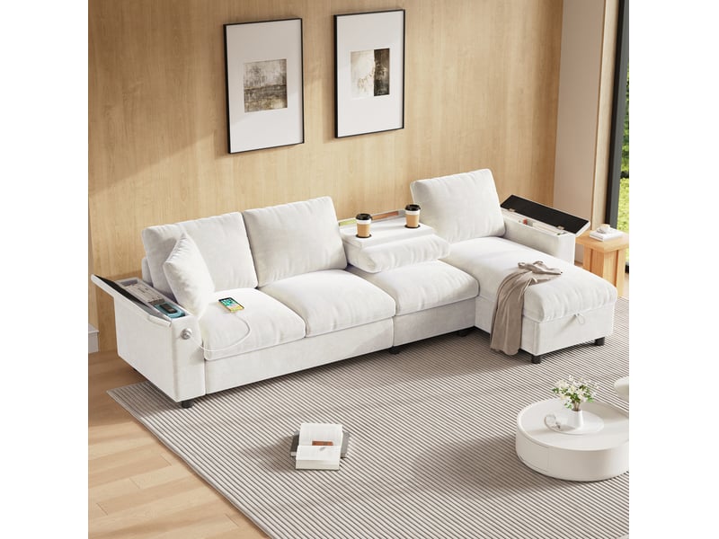  Canapé d'angle convertible modenvie 4 places réversible 280 x 137 cm en chenille beige avec rangement usb et type-c  - Conforama B
