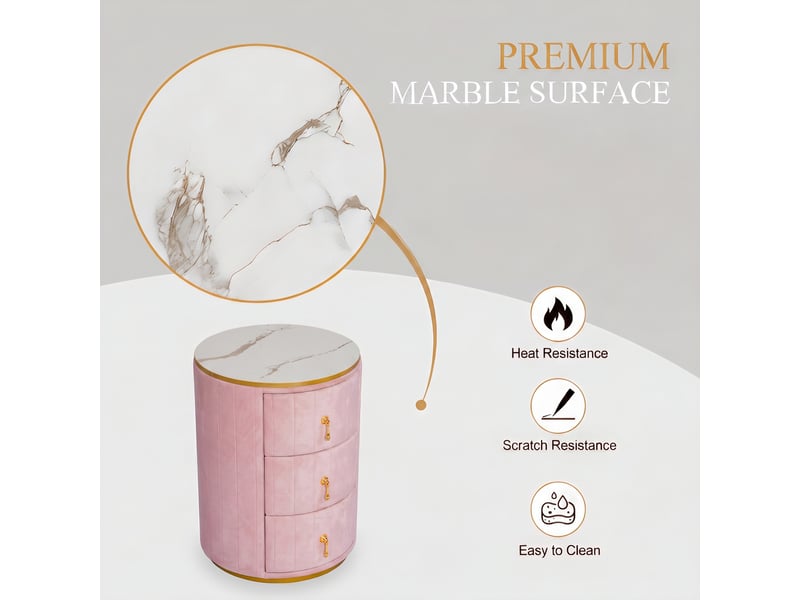  Table de chevet ronde avec 3 tiroirs pour chambre en mdf, métal et velours 40×40×52,5 cm rose  - Conforama C