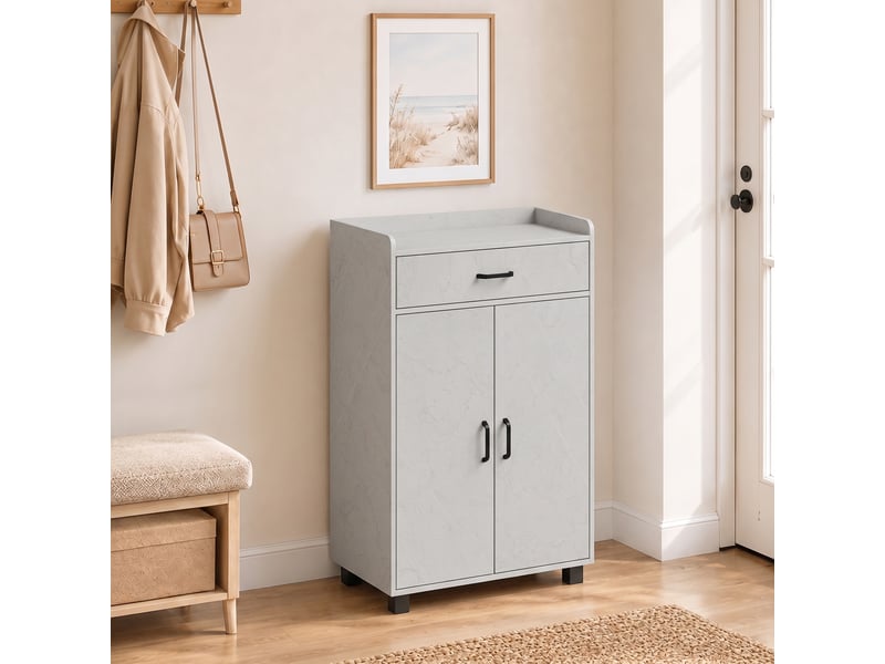  Meuble à chaussures, armoire à chaussures avec 2 portes, tiroir, 5 compartiments et étagères réglables, gris  - Conforama A