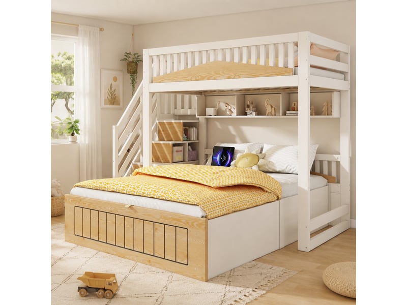  Lit superposé enfant 90x200 et 140x200 avec rangement hydraulique, escalier et usb-c cravdom  - Conforama C