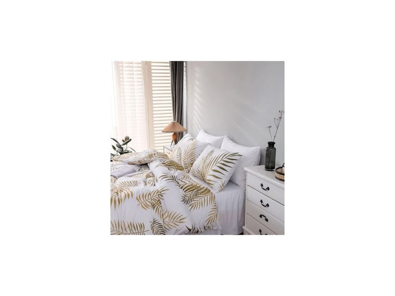  Royaluxe -set housse de couette longueur 240largeur 220cm motif feuilles tropicales dorées botanique 2 personnes et 2 x taies d'oreiller 50x75 cm  microfibre parure de linge de lit avec fermeture  - Conforama C