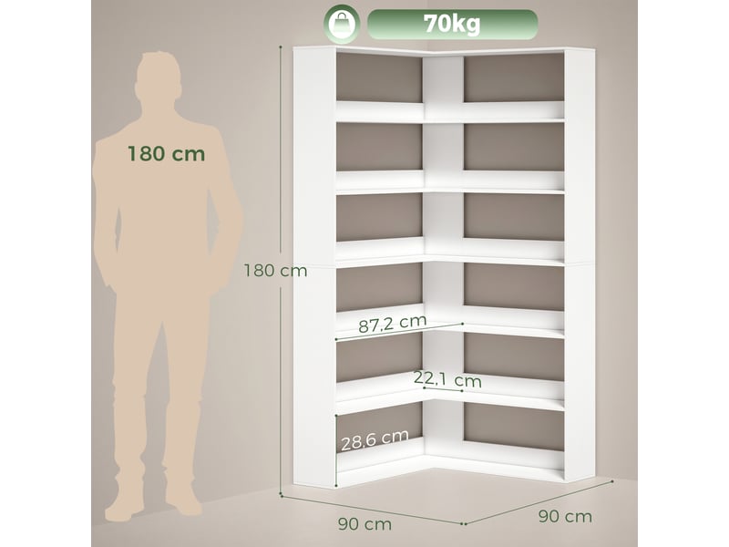  Bibliothèque à 7 étagères, étagère d'angle en l avec dos antidérapant, blanche aspect bois  - Conforama E