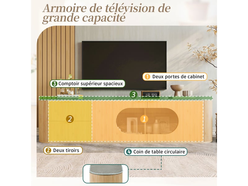  Meuble tv moderne aspect bois 172 cm - portes 3d vitrine ovale en verre gris - rangement multi-zones  - Conforama D