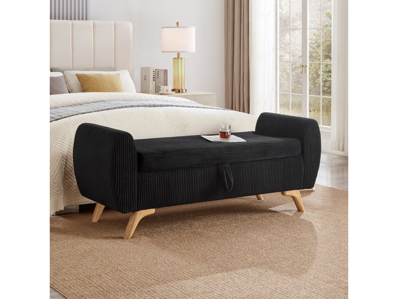 Banquette de rangement tcqpz pliable 145 x 51 x 57 cm en velours côtelé noir avec pieds en bois - Conforama E
