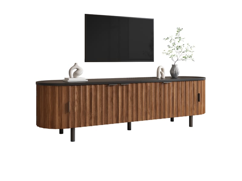 Meuble tv 170 cm avec 5 portes, façades rainurées, côtés arrondis, grand rangement, pieds et poignées métal, mdf effet noyer, pour salon - Conforama A