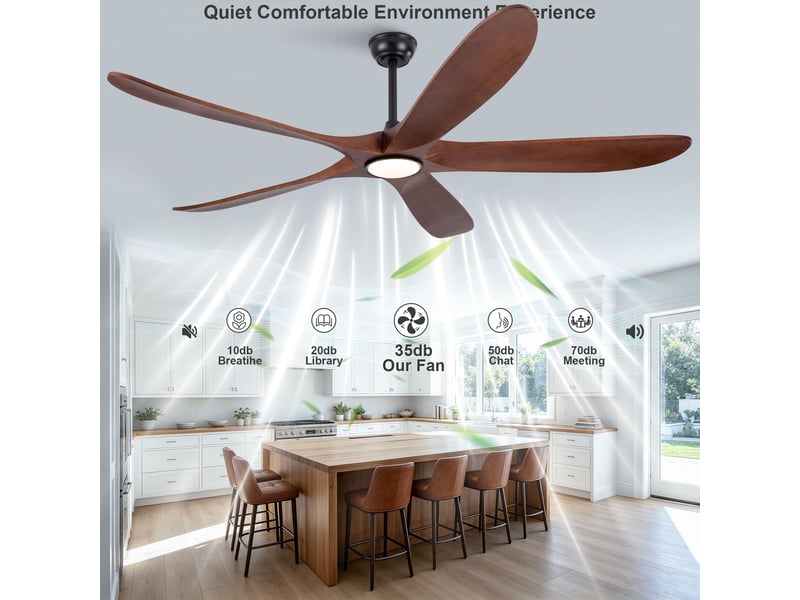  Ventilateur de plafond 176 cm éclairage led 3 couleurs dimmable 5 pales bois massif noyer et noir 6 vitesses télécommande silencieux  - Conforama C
