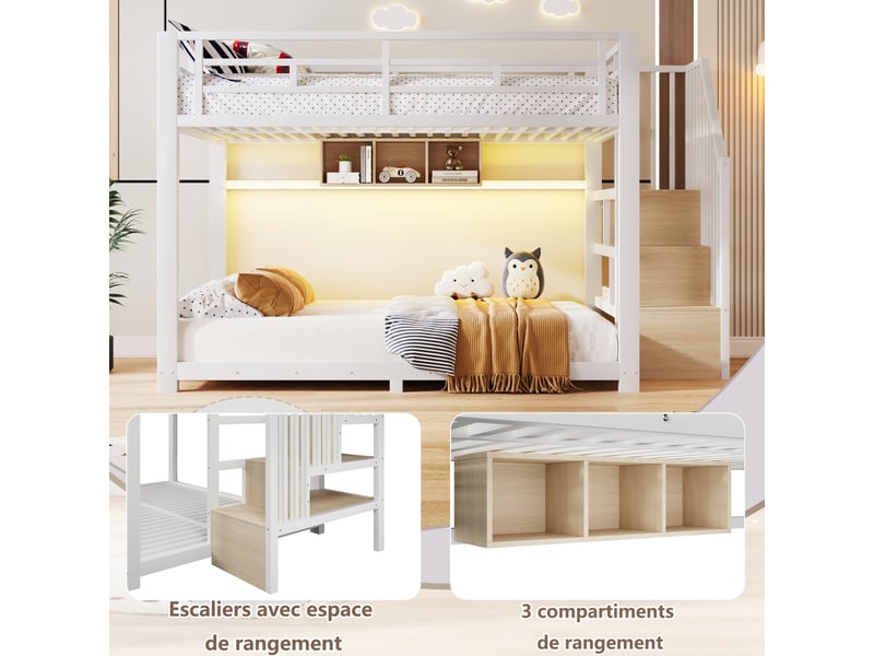 Lit superposé 140x200cm avec rubans led, 3 compartiments de rangement, escalier avec stockage et garde-corps, sans matelas, métal blanc evarich - Conforama D