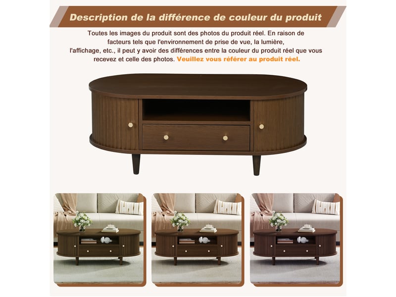  Table basse ovale noyer 100x50x36 cm, table de salon avec tiroir et porte coulissante, meuble de rangement style moderne.  - Conforama R