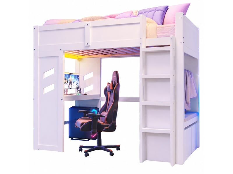  Lit mezzanine enfant 200×90 cm avec bureau, 2 tiroirs, penderie, led, usb et usb-c, sans matelas, blanc  - Conforama A