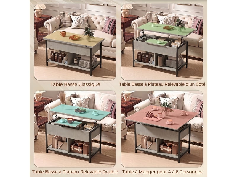  Table basse relevable et extensible, 98x49x55cm, table de salon avec compartiment caché étagères ouvertes, gris  - Conforama D