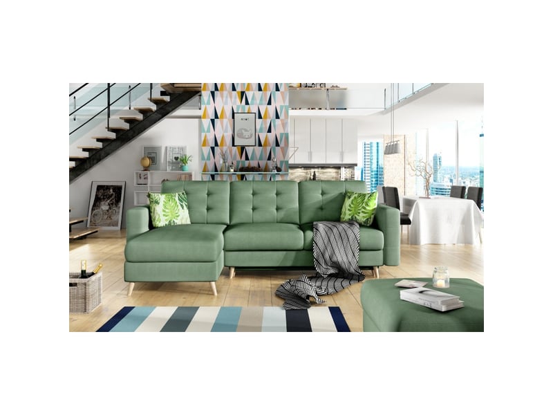  Canapé d'angle convertible hasgard 3 places vert 248x162 cm – coffre et pieds bois  - Conforama E