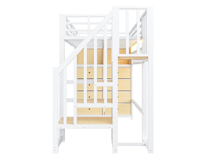  Lit mezzanine enfant 90 × 200 cm 1 place avec 8 tiroirs, étagères, led réglable et armoire intégrée, sans matelas, blanc  - Conforama E