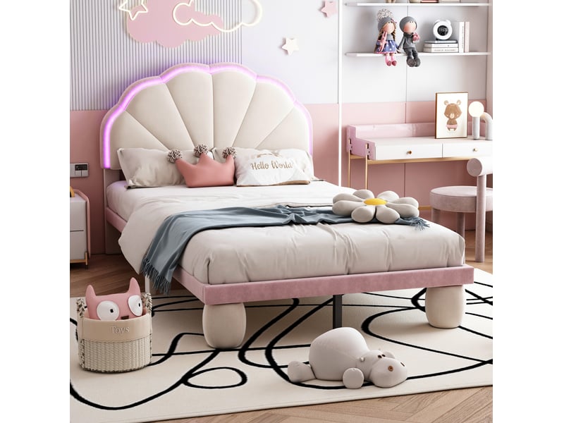  Lit enfant une place 90x200 cm en velours beige et rose avec led multicolores  - Conforama D