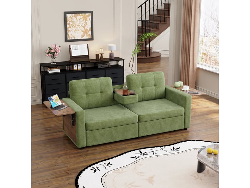  Canapé droit 2 places en chenille 178 x 71 cm avec rangement intégré, tablette rabattable, porte-gobelets et assise réglable - vert  - Conforama D