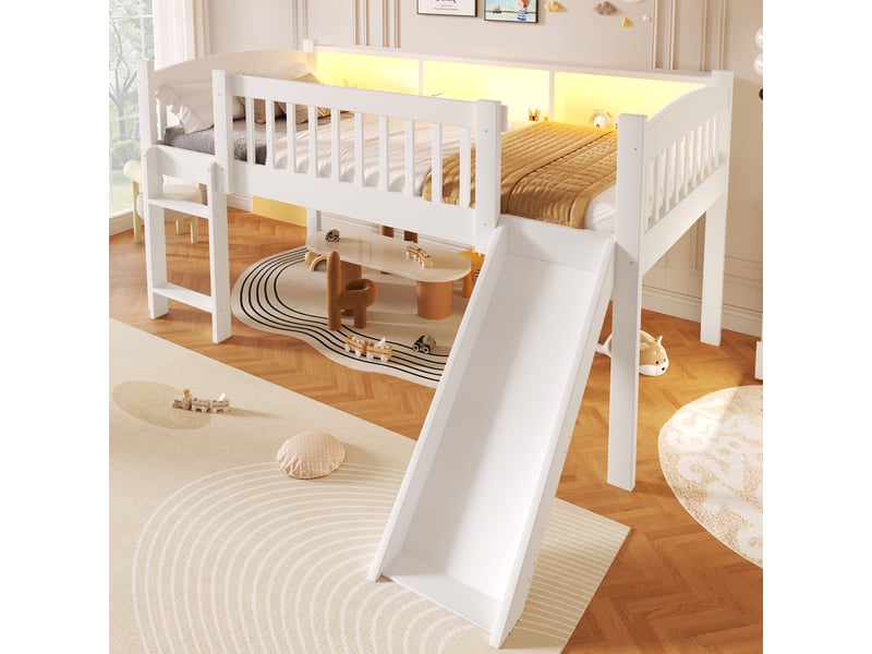 Lit mezzanine enfant 90x200 cm en bois avec toboggan, rangements intégrés, éclairage led et port usb, pour chambre d’enfant - blanc - Conforama E
