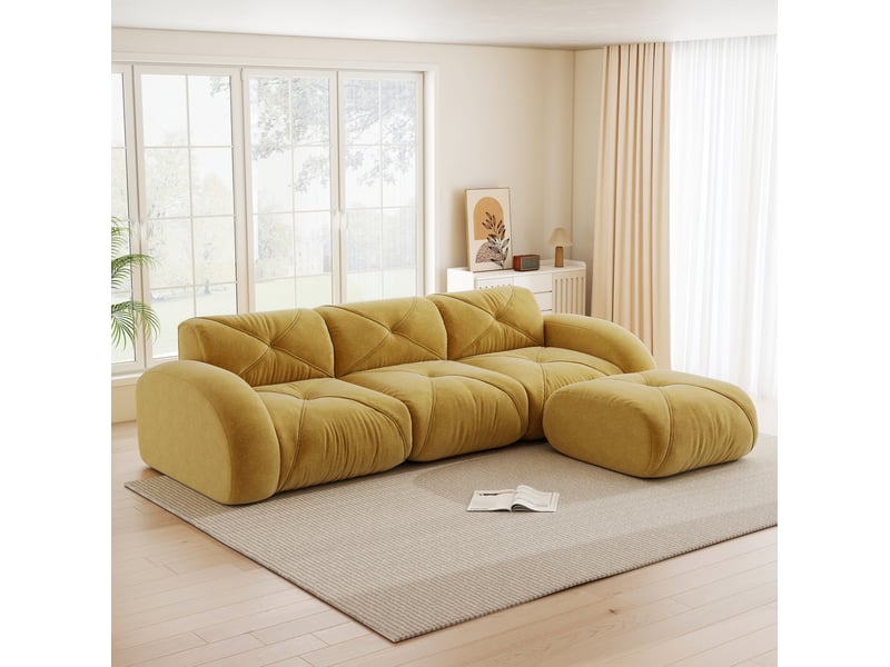 Canapé modulable 3 places avec pouf en chenille jaune - 281 x 171 x 76 cm - Conforama B