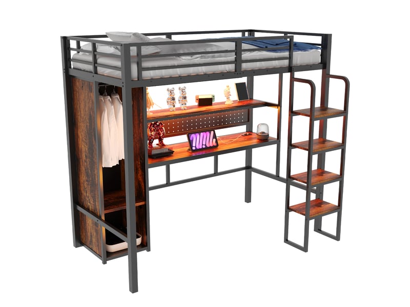  Lit mezzanine 90x200 cm avec échelle, grand bureau, panneau perforé, led, étagères et armoire - caisson - sans matelas  - Conforama A