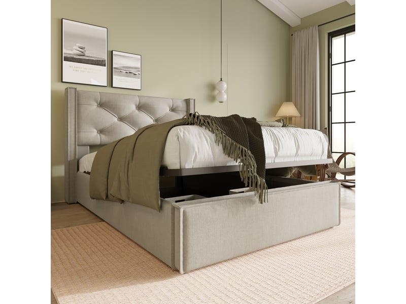  Lit coffre 90x200 cm – lit simple avec tête de lit capitonnée et sommier en métal, sans matelas, gris clair  - Conforama E