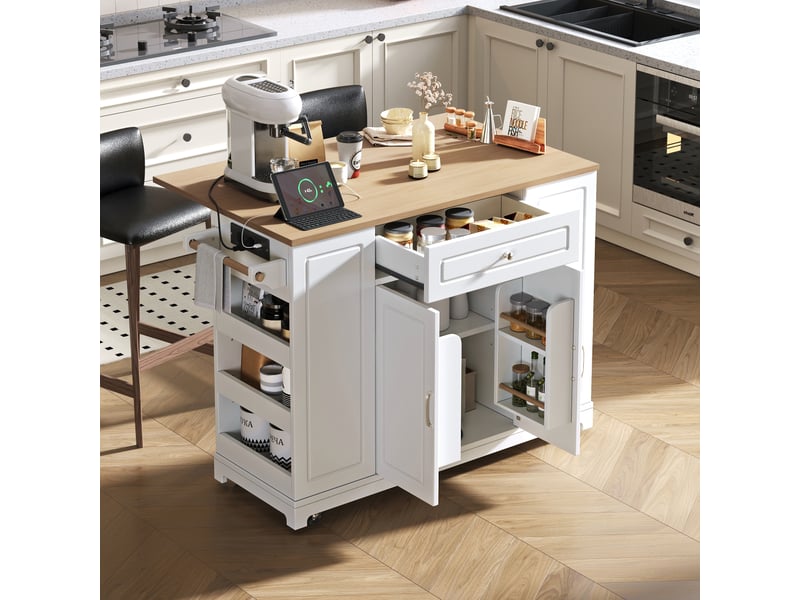 Îlot de cuisine mobile - blanc+naturel - mdf - 131.8x40-70x93.3 cm - plateau extensible 120x40-70 cm 131.8x40x93.3cm - Conforama C