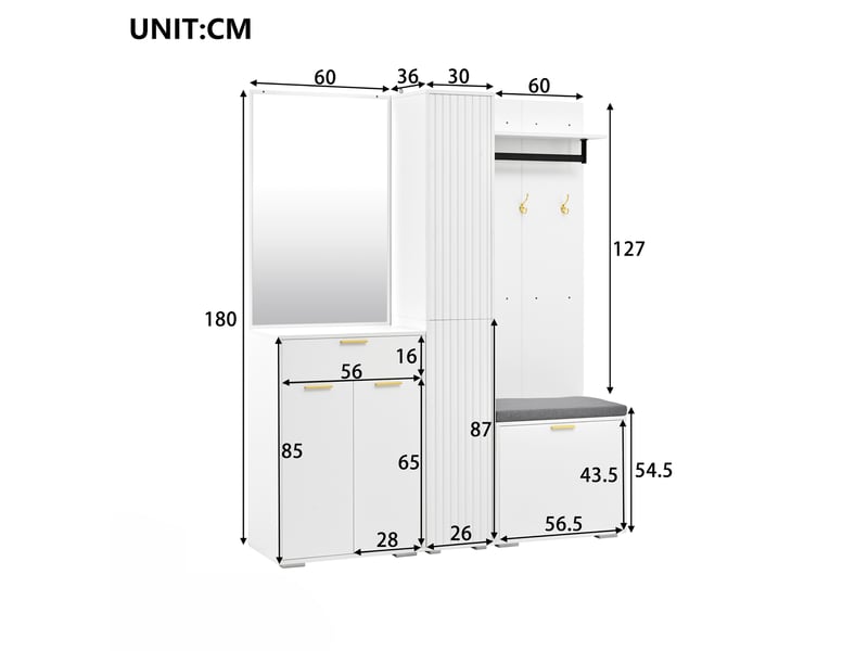  Banc d’entrée avec miroir, 3 portes, tiroir et penderie - mdf, panneau de particules blanc 150 × 36 × 180 cm  - Conforama D