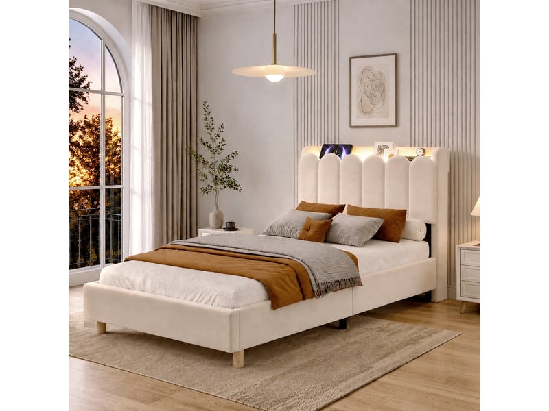  Lit simple 90x200 cm, lit enfant, sommier à lattes, usb et usb-c, tête de lit rembourrée, velours beige  - Conforama E
