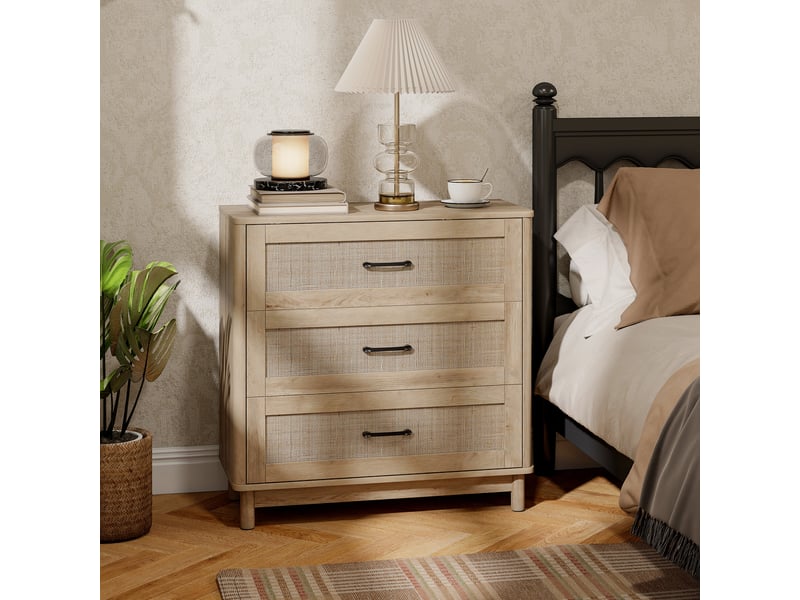  Commode 3 tiroirs en rotin, meuble de rangement, chiffonnier, pieds en bois massif, style bohème, 76x35x76cm, chêne  - Conforama C