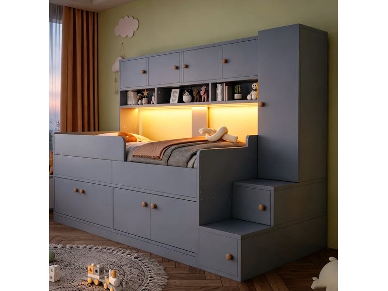 Lit combiné enfant 90x200 cm avec rangements, armoire, led et échelle gris - Conforama D