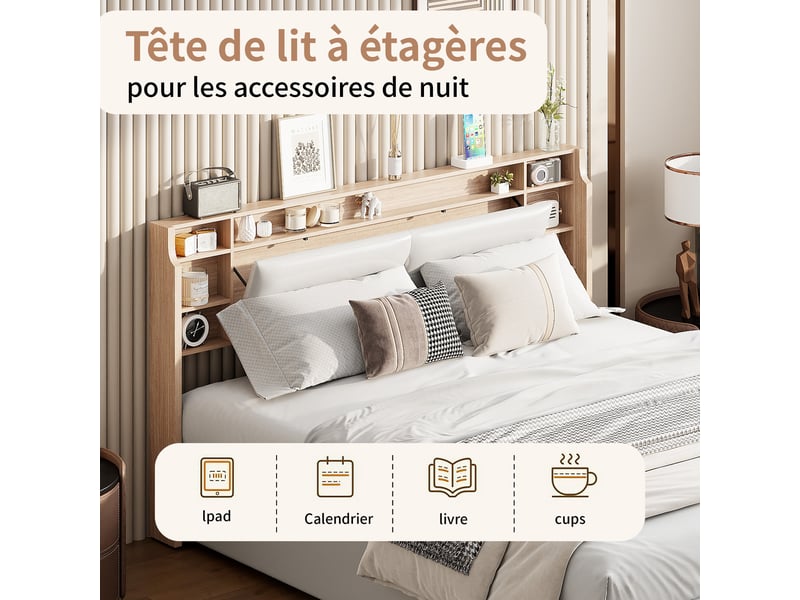 Lit coffre 160x200 cm, led lit double avec sommier hydraulique, tête de lit avec espace de rangement dissimulé, cadre lits pour adulte et adolescent, blanc pu lit capitonné - Conforama E