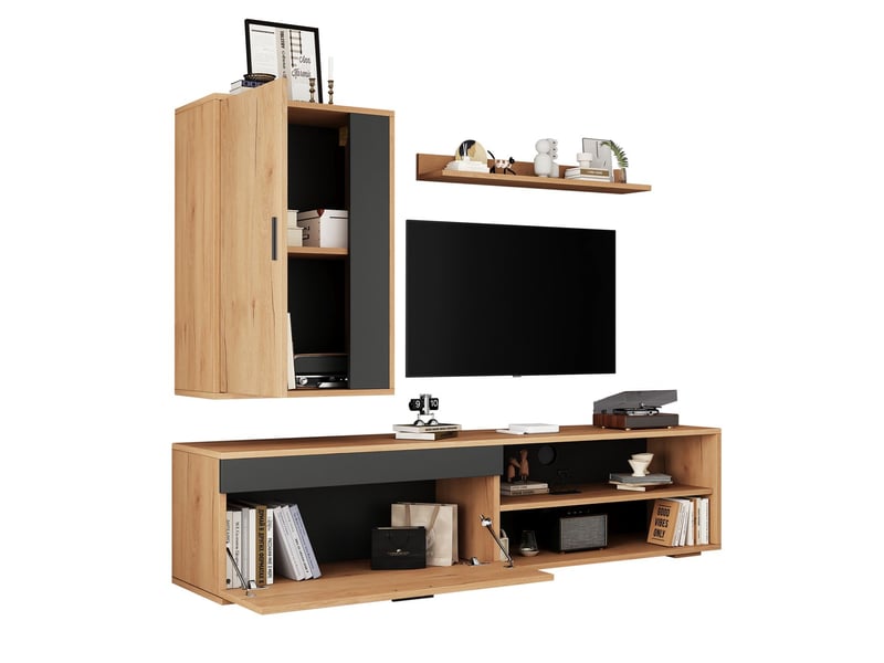 Meuble tv mural 140x40x40, design moderne bois et noir avec rangement complet meuble tv contemporain - Conforama A