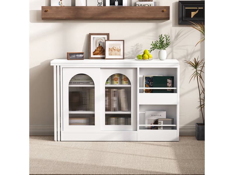 Table bar extensible 360° avec rangement, meuble réversible avec portes vitrées, bar cuisine, blanc Fay Lum - Conforama D
