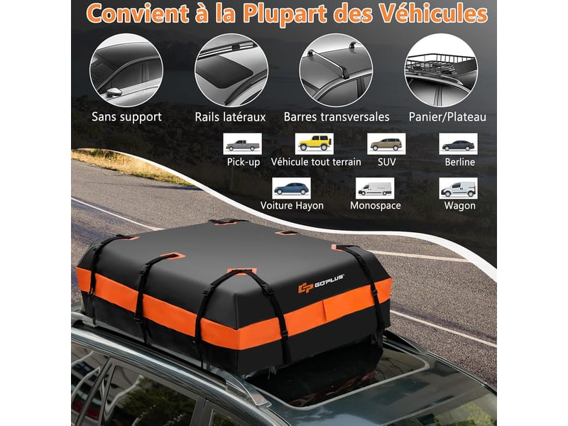 Sac de toit de voiture de 21 pieds cubes, sac de transport étanche sur le toit avec 10 sangles renforcées, tapis antidérapant et sac de rangement  - Conforama B