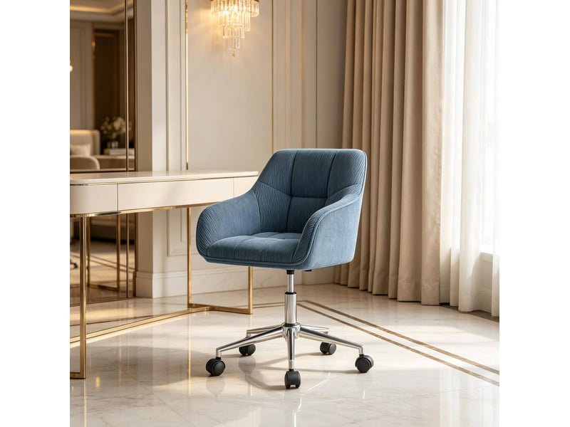 Chaise de bureau pivotante avec accoudoirs fixes, hauteur réglable et roulettes en velours côtelé bleu - Conforama E
