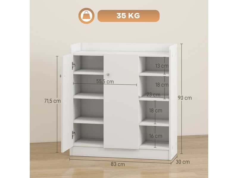 Meuble à chaussures 2 portes étroit, tablettes réglables, pour 12 paires. Idéal entrée et couloir, 83 x 30 x 90 cm, blanc - Conforama C