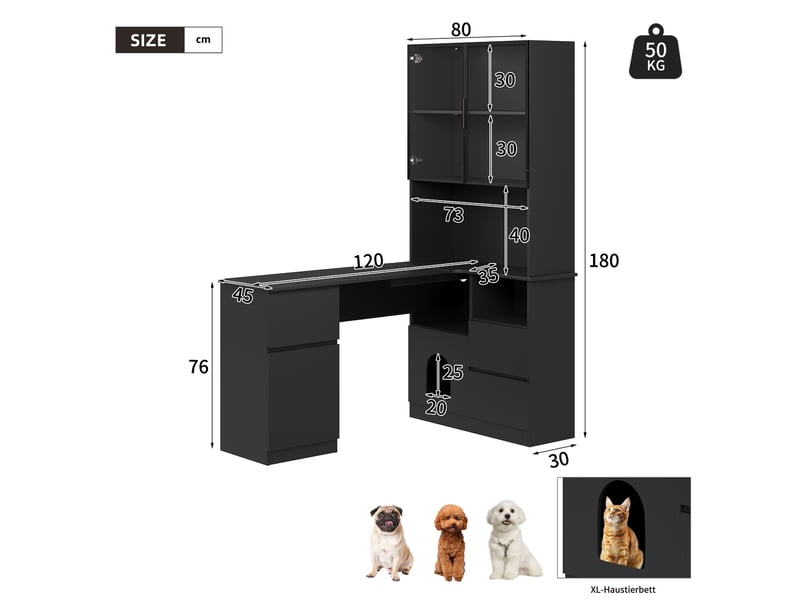  Bureau d’angle 120 × 80 × 180 cm, avec étagères et vitrine led, 3 tiroirs, 2 portes et rangement ouvert, mdf, noir, façade vitrée, finition soignée CARDUME ESTIVAL - Conforama C