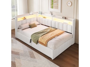 Lit coffre 90 × 200 cm en velours blanc cassé, led, usb-ac et module latéral réversible